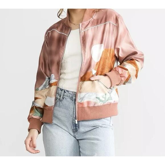 Hooey Satin Bomber Jacket XL Women’s Pink Desert Western Landscape Print Zip Up - Picture 8 of 12